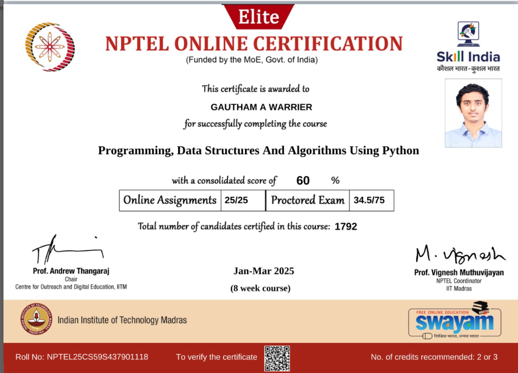 Certificate for Programming, Data Structures and Algorithms Using Python